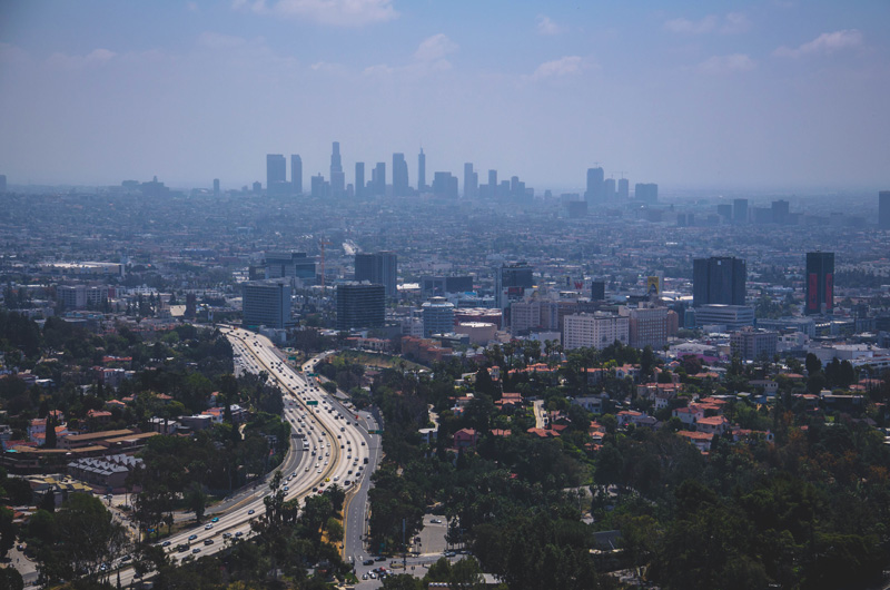 Picture depicts city of Los Angeles roads and buildings, including Los Angeles tech recruiter officers