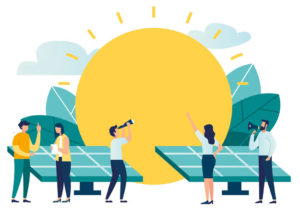 Carbon Neutral Business (cartoon showing a giant sun with clouds and leaves behind it, and solar panels in front of it. Crtoon men and women in business casual are talking in front of the solar panels and pointing at the sun)