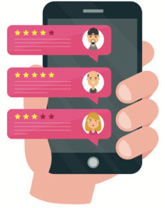 Improve App Reviews (icon of a Caucasian hand holding an iPhone, overlaid with sample star ratings/reviews)
