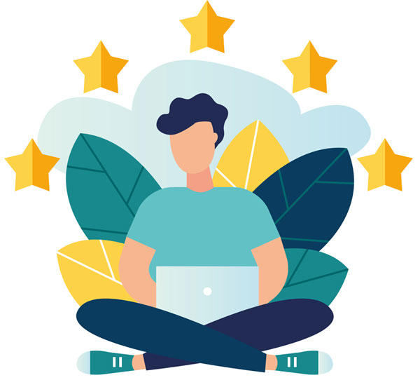 Improve App Reviews (cartoon showing five gold stars above a man with a green t-shirt, blue jeans, and green converse typing on a laptop)