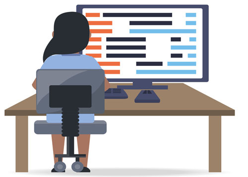 API Testing Services (woman QA tester sitting at computer with code on the screen)