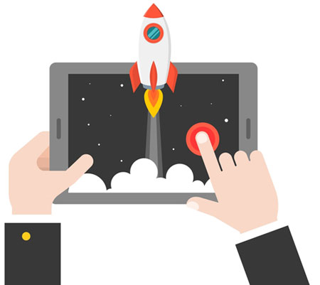 Performance Testing Services (QA tester hands on a tablet showing a rocketship coming out)