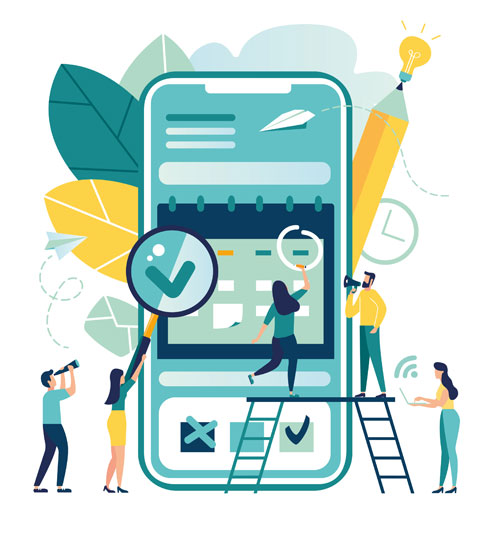 Mobile App Testing Services (QA testers with magnifying glasses in front of an iPhone or Android)