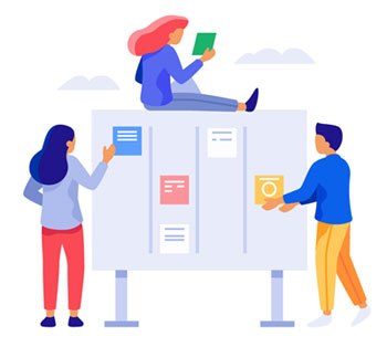 SDLC Planning (ticket racking board with three people holding cards up against it)