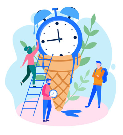 Late Night On Call Work Boundaries (clock icon melting onto an ice cream cone, surrounded by people)