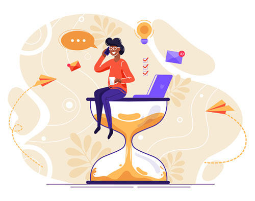 Workload Boundaries (person sitting on an hourglass with a laptop, talking on a mobile phone)