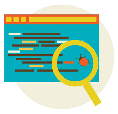 Software development code with a magnifying glass showing a bug