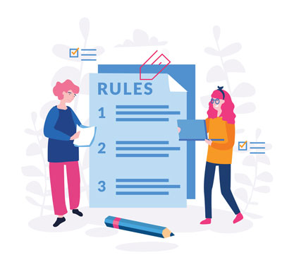 Two cartoon people standing next to a sheet of paper titled "Rules" and numbered from 1 to 3