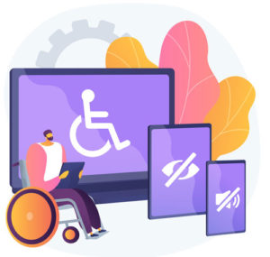 Person with beard sitting in wheelchair in front of screens showing icons indicating visual and hearing impairments